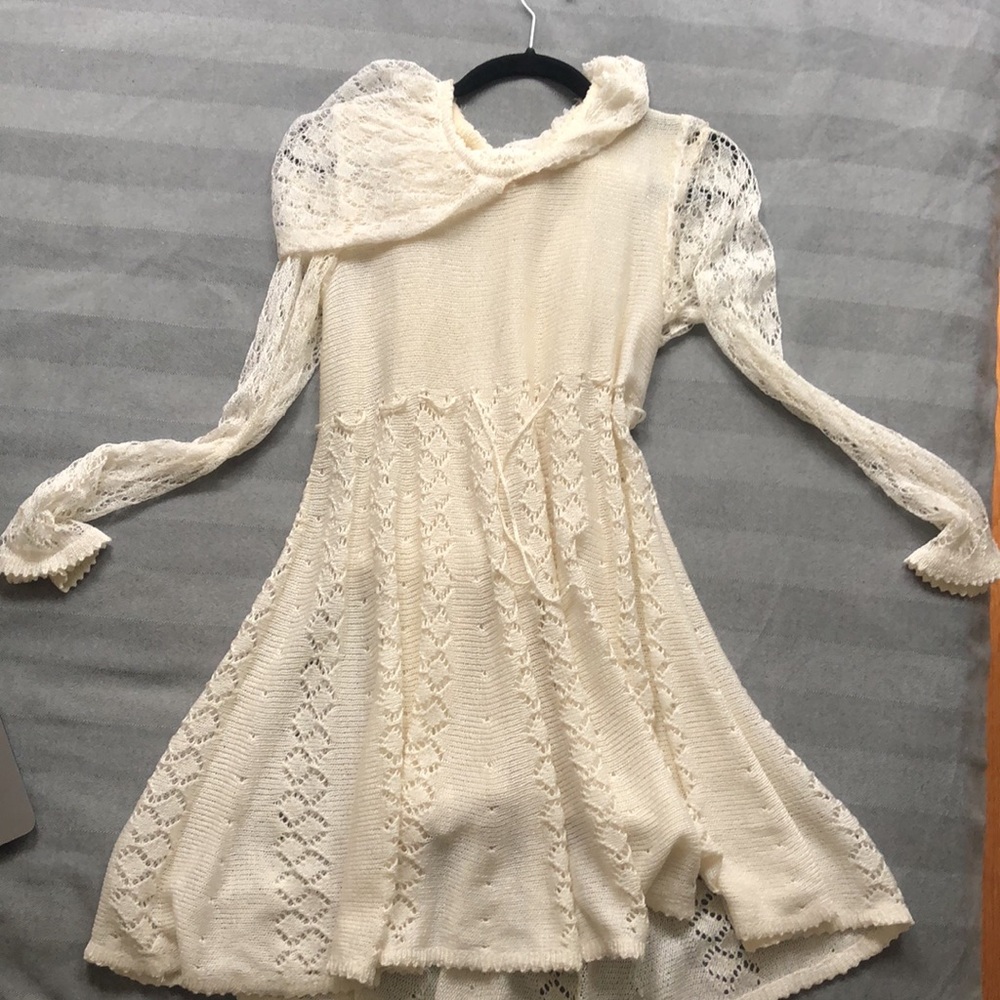 Crochet, Ivory Lace Set: dress with hoodie, pants, sleeveless cropped top